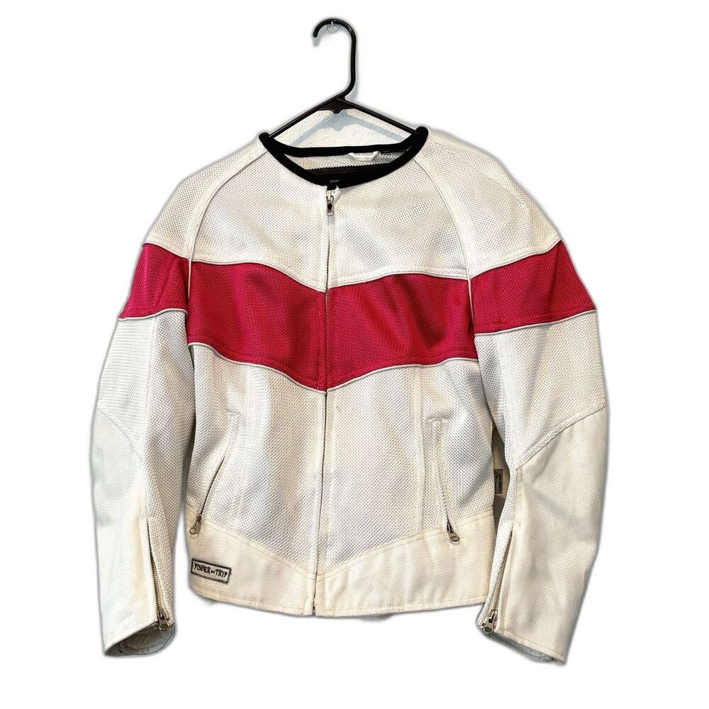 Power Trip 333 White Pink Corset Lace Back Padded Womens Motorcycle Jacket Large